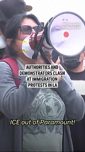 Confrontations broke out between authorities and demonstrators at immigration protests in the city of Paramount, south of Los Angeles. Agents unleashed tear gas, flash-bang explosives and pepper balls, and protesters hurled rocks and cement at Border Patrol vehicles. | AP