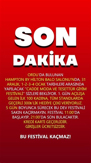 CADDE MODA FESTİVALİ on Instagram: "*🎉 ORDULU HANIMLAR, HAZIR MISINIZ?* CaddeModaFest ilk kez *Ordu’da!* Moda ve alışverişin kalbi bu festivalde atacak! 👗👜✨ 📍 Hampton by Hilton – Balo Salonu 📅 *31 Aralık – 4 Ocak* 🕚 Her gün: 11.00 – 21.00 🎟 *GİRİŞ ÜCRETSİZ* | 💳 *Kredi Kartı Geçerli* 🛍 Festival boyunca: Tesettür & Açık Giyim – Erkek Giyim – Şal & Eşarp Armine Çanta – Kuru Kahve – Bijuteri – Kozmetik 🎁 *31 Aralık Çarşa