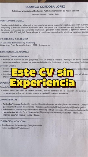 Así se ve un buen CV sin experiencia ✅ 🤝 👉 Educacion 👉 Proyectos académicos 👉 Competencias 👉 Cursos relacionados APLICARLO Si necesitas ayuda con tu CV escríbeme al enlace de mi perfil #cvprofesional #cvsinexperiencia #hojadevida #curriculum #curriculumvitae