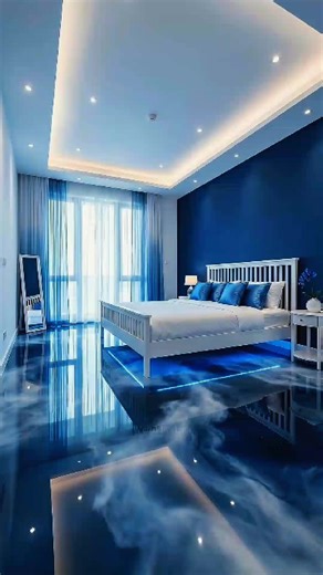 Would You Sleep In A Blue And White Dream Resin Bedroom? A stunning bedroom featuring a glossy epoxy resin floor with deep blue tones and cloud-like patterns. The reflective surface creates a dreamy atmosphere that makes the room feel like a floating sky. #epoxyfloor #resinfloor #bedroomdesign #interiordesign