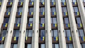 The flag of Ukraine is a big national symbol. Independence Constitution Day, National holiday. Close-up with the flag of Ukraine.