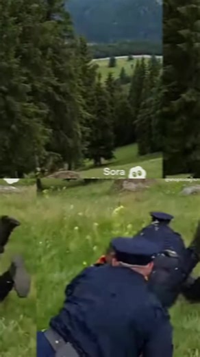 AI: Man strap to a stretcher falling off hill and police stumble chasing after. #police. #man. #AI. #falling. #funny.