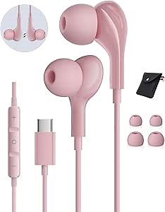 USB C Headphones Wired for iPhone17 16 Pro Max 15 Plus iPad Pro Air Pink | Wired Earbuds Magnetic for Samsung Galaxy S24 S23 Ultra S26 S25 S22 in-Ear Type C Earphone with Microphone Volume Control