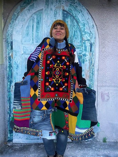 Plus Size Recycled Patchwork Poncho: Colorful Sweaters Pompoms Blue Denim Boho Hippie - Etsy