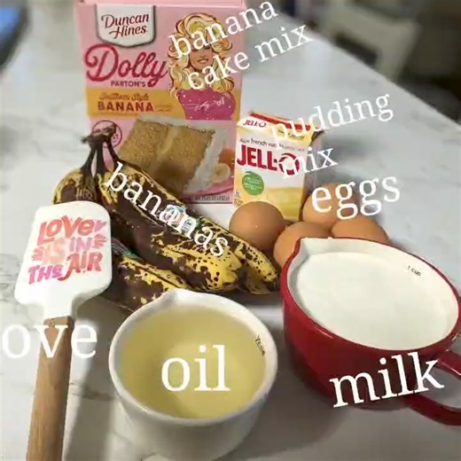 Kiki, Kiki Banana Banana Fana Fo Kake 1 Duncan Hines banana cake mix 1 3oz package vanilla pudding mix 2-3 overripe bananas 4 eggs 1 cup whole milk ½ cup vegetable oil A dash of Love Mix all ingredients with an electric mixer for 5-6 minutes, pour into two 8in greased and floured cake pans, or I use three 4in cake pans. Bake for 40-45 minutes or until a toothpick inserted into the cake comes out clean. Cool completely before frosting 1 2 3 Frosting 1 can Duncan Hines ready made whipped vanilla f