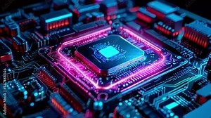 A close up of a computer processor with glowing pink and blue lights.