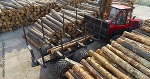Red truck with manipulator unload logs, work equipment at a woodworking factory