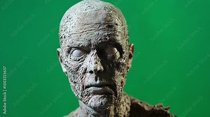 Scary zombie is posing on a green screen chroma key background, perfect for compositing into your next horror project