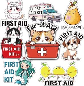 Funny First Aid Sticker Pack: 4 inches Cartoon First Aid Decals, Ideal for Car, Office, and Home Use | Water Resistant Heavy Duty,14pcs