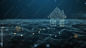 IOT house smart house connected to digital network point grid on blue background