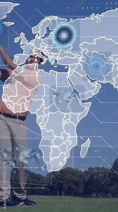 Swinging golf club, golfer with animation of world map and data overlays
