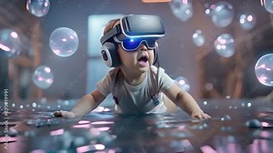 Baby wearing VR glasses sits in a room, playing with holographic 3D geometric shapes floating around