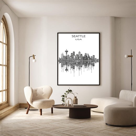 Seattle Skyline Print – Minimalist Architectural Travel Poster – Digital Download - Etsy