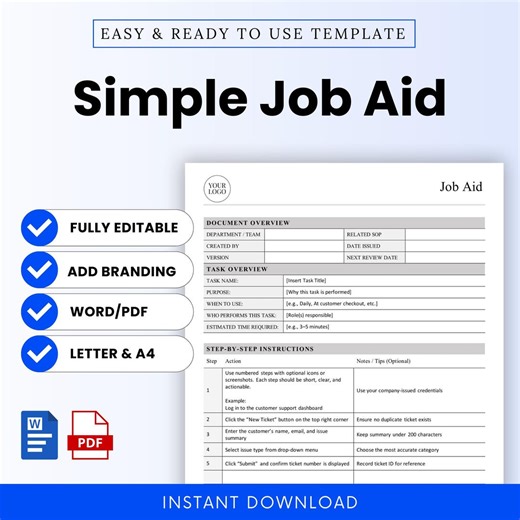 Simple Job Aid Template – Word & PDF, A4   US Letter - Etsy Canada