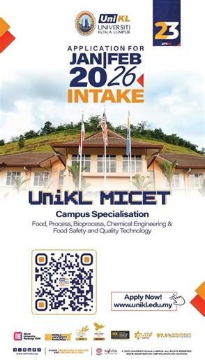 Turn science into solutions that matter with UniKL MICET. Applications are now open for UniKL MICET – Jan/Feb 2026 Intake Specialisations in Food, Process, Bioprocess, Chemical Engineering, Food Safety & Quality Technology. 📲 Apply now: www.unikl.edu.my Where knowledge is applied and dreams are realised. #SPM2025 #UniKL #UniKLExcellence #FoundationUniKL #DiplomaUniKL #BachelorUniKL | Universiti Kuala Lumpur - Unikl