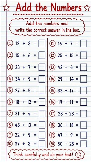 Add the Numbers | Easy Addition Practice | Math Worksheet