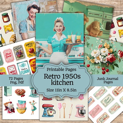 Retro Kitchen Junk Journal Pages: 50's Cookbook Printables Ephemera, Recipe Journal, Scrapbook Paper, Digital Download - Etsy