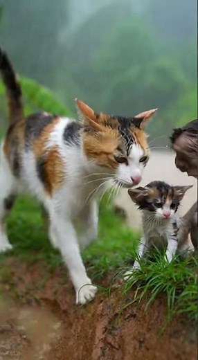 Hujan deras, banjir bandang menyapu kebun. Monyet kecil menyelamatkan anak kucing. #kucing #cat