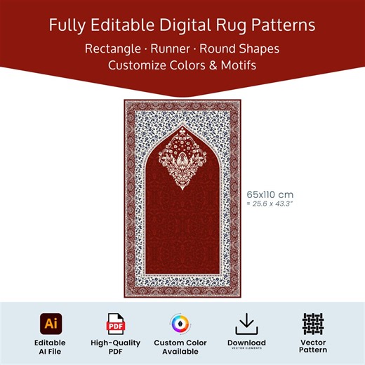 Editable Prayer Rug Template: Islamic Design Vector (PDF, AI, 65x110cm) - Etsy