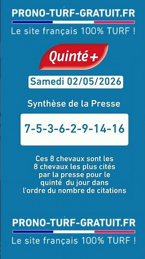 Quinté+ Pronostics PMU de la Presse du Samedi 02/05/26 · Synthèse des 10 meilleurs journalistes
