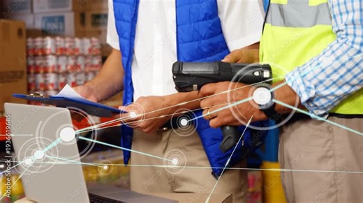 Logistics team activating scanner, checking clipboard, overlay linking laptop shelves for inventory