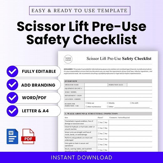 Scissor Lift Pre-use Safety Checklist Template – Word & PDF, A4   US Letter - Etsy