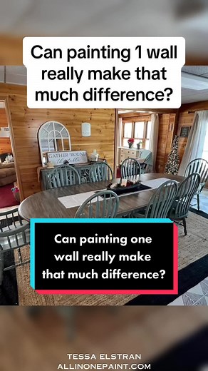 Can painting one wall really make that much difference? When you have pine or cedar paneling it really can! A fresh coat of white paint completely changes the room. No sanding pr priming required with #allinonepaint ! #heirloomtraditionspaint #woodpaneling #shiplap #accentwall #interiordesign #farmhouse shiplap , accent wall , wall painting , interior design , wood paneling