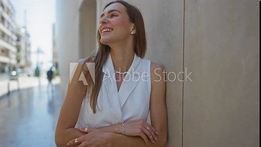 Woman with crossed arms smiling on a city street during daytime in an urban setting