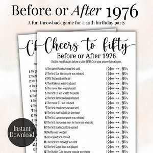50th Birthday Before or After 1976 Trivia Game | Fun Printable Party Game for Age 50 | Cheers to 50 DIY Birthday Game | Born in 1976 Trivia - Etsy