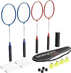 Badminton Racket Set—Badminton Equipment of 4 Carbon Fiber Rackets, 4 Birdies, 4 Sweatbands—Portable Set for Ages 15 and Over—Outdoor Backyard Games and Outdoor Sports Equipment