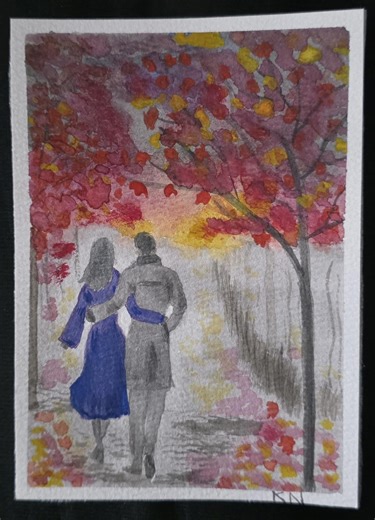 Couple sous les arbres flamboyants. Aquarelle originale signée KN. 10x15 cm. 1 chevalet en bois offert. 20 euros - Etsy France