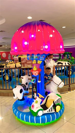 A fun carousel moment with pink mushrooms, horses, cows, and cute mini cars! 🎠🍄🐴🐮🚗🌈💫