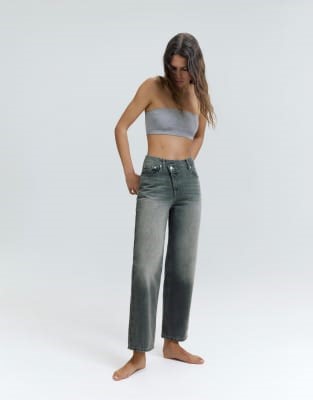 Pull&Bear Straight-leg jeans with crossover waistband in grey | ASOS