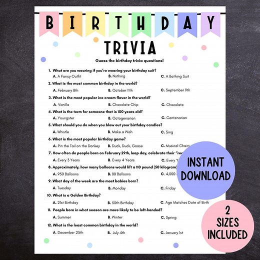 Birthday Trivia Game, Printable Pastel Birthday Game, Easy Birthday Game for Kids and Adults, Trivia Game - Etsy