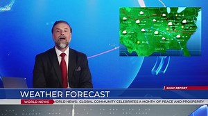 Live News Studio Professional Anchor Reporting on Weather Forecast. Weatherman, Meteorologist, Reporter in Television Channel Newsroom with Video Screen Showing Weather Synoptic Map Chart
