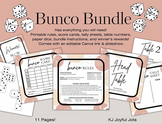 Printable Bunco Party Game Kit: Score Cards, Rules, Tally Sheets, Table Numbers, & Printable Dice (digital Download) Bundle of 11 Pages Cute - Etsy