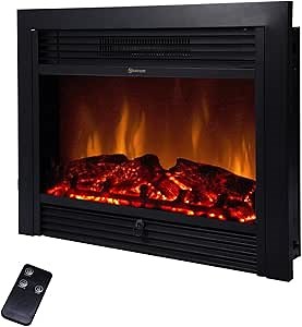 BEAMNOVA 28 Inch Electric Fireplace Black Freestanding Heater Insert Wall Mounted Glass View Log Flame w/Remote