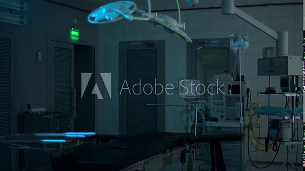 Empty dark operating room with innovative equipment. Modern surgical room with all necessary instruments for operation in clinic. Clean surgical theatre with diverse equipment. Shooting in slow motion