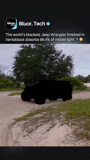 Bluor. Tech on Instagram: "This custom Jeep Wrangler is finished in Vantablack to demonstrate the surreal visual physics of total light absorption ⬛️👀 The specialized coating traps 99.4% of visible light which completely eliminates reflections and renders the truck as a 2D silhouette. You lose all sense of depth perception and body lines as the heavy duty suspension violently articulates through the white sand dunes. Drivers must rely entirely on mechanical feedback because the exterior details