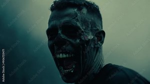 Zombie undergoes a terrifying transformation, screaming in a foggy graveyard filled with tombstones and leafless trees, creating a spooky and eerie atmosphere