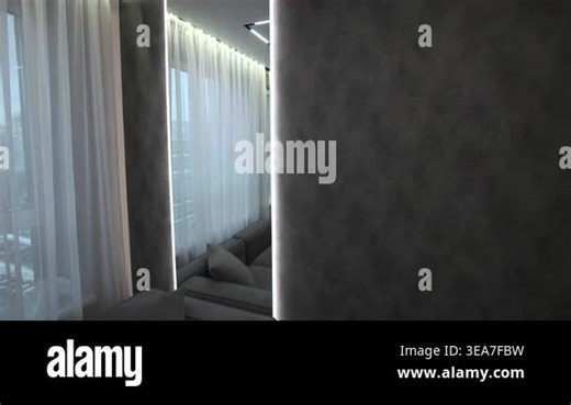 Sheer Curtains Framing Urban Skyline, LED Strip Backlight Along Textured Wall, Soft Morning Glow . Media Stock Video Footage - Alamy
