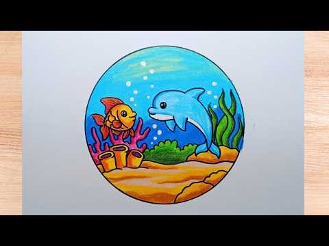 How to Draw a Cute Underwater World and Dolphins || Easy and Beautiful Fish Drawing