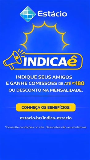 Estácio R9 Taquara on Instagram: "💙 Indique, ganhe e ajude mais pessoas a estudarem na Estácio! Com o programa Indicaê, você se cadastra, recebe acesso a conteúdos e ferramentas exclusivas e pode indicar amigos e familiares para Graduação, Pós, ou Cursos Técnicos — sem limite de indicações. Quanto mais você indica, mais pode ganhar: 💰 Comissões de até R$180 por matrícula 🎓 Desconto de até 100% na mensalidade 📚 Horas AAC por aluno indicado 🎟️ Chances de participar de experiências e eventos �