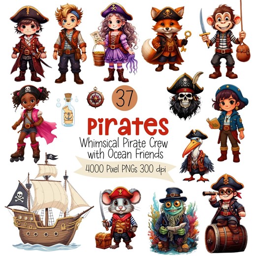 Pirate Clipart Bundle | Kids Pirate Characters, Animals, Ships & Treasure PNG, Commercial Use - Etsy