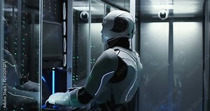 White android robot using computer and checking software of server equipment in room of modern data center