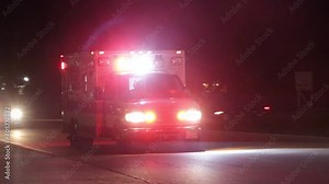 An ambulance flashing its lights at night.