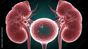 Animated human kidneys and bladder with simulated urine flow video showing organ functions