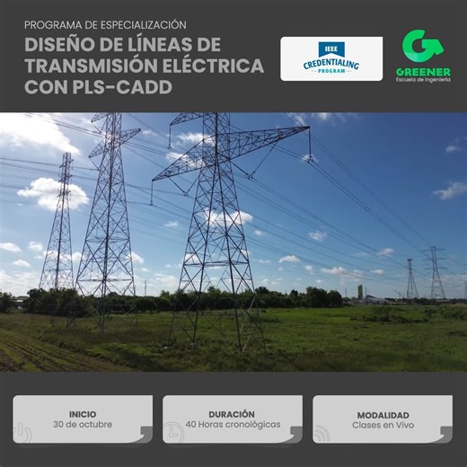 👷🏻‍♂️¡Conviértete en un experto en el diseño de líneas de transmisión con software líder en la industria!⚡ Aprende a diseñar líneas de transmisión, modelando el terreno, integrando datos topográficos con Global Mapper, seleccionando rutas preliminares y aplicando criterios de flechado, cargas y distancias mínimas de seguridad en PLS-CADD. 🔗 Inscríbete ahora y asegura tu vacante: https://wa.link/knxn5b 🚨 Beneficios exclusivos ✔ Doble certificación internacional otorgada por Greener e IEEE. ✔ 