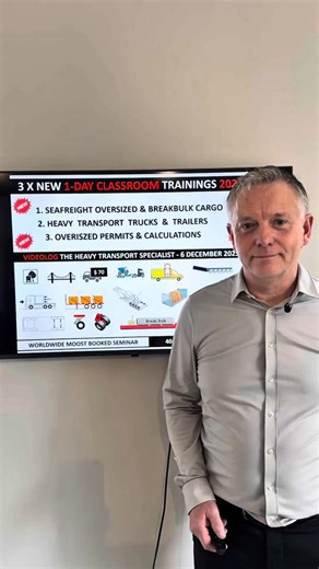 1 DAY Classroom seminars on heavy transport and lifting in 2026. date training 01 April 2026 1-day heavy transport trucks and tailers 15 April 2026 1-day sea-freight project and breakbulk cargo 29 April 2026 1-day permit and calculations 30 September 2026 1-day heavy transport trucks and tailers 14 October 2026 1-day sea-freight project and breakbulk cargo 28 October 2026 1-day permit and calculations Direct link for more information: [https://www.breakbulk-logistics.com/classroom_training_heavy