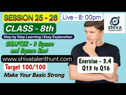 👉 🔴 LIVE | Class 8 Math's | Squares & Square Roots | Ex 3.4 (Q13 to Q16) Tricks | NCERT + RD Sharma